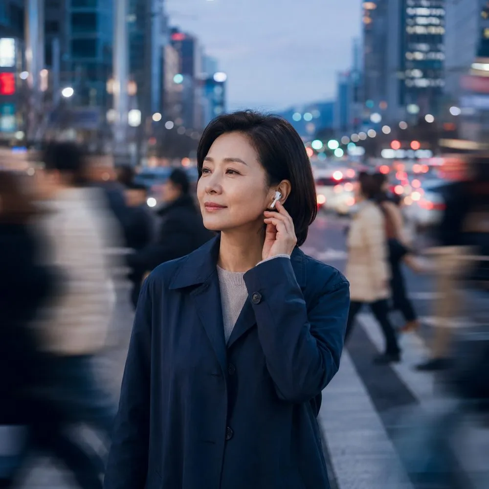 시끄러운 거리에서 주변이 흐릿하게 물러나고 이어폰을 낀 사람만 또렷하게 보이는 모습